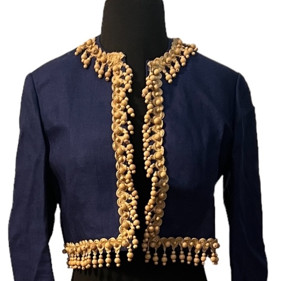 Vintage 1970s Joan Leslie by Kasper women's Jacket Navy Blue With Wood Appliqué - Picture 7 of 10